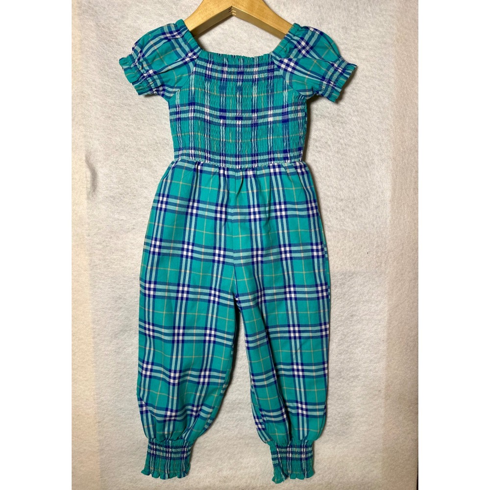 Sweet Honey Kids Teal Blue Plaid Smocked Cotton Jumpsuit 3T